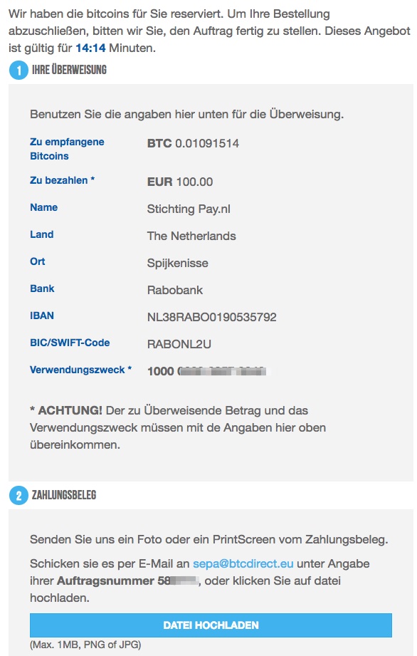 BTCdirect Überweisung